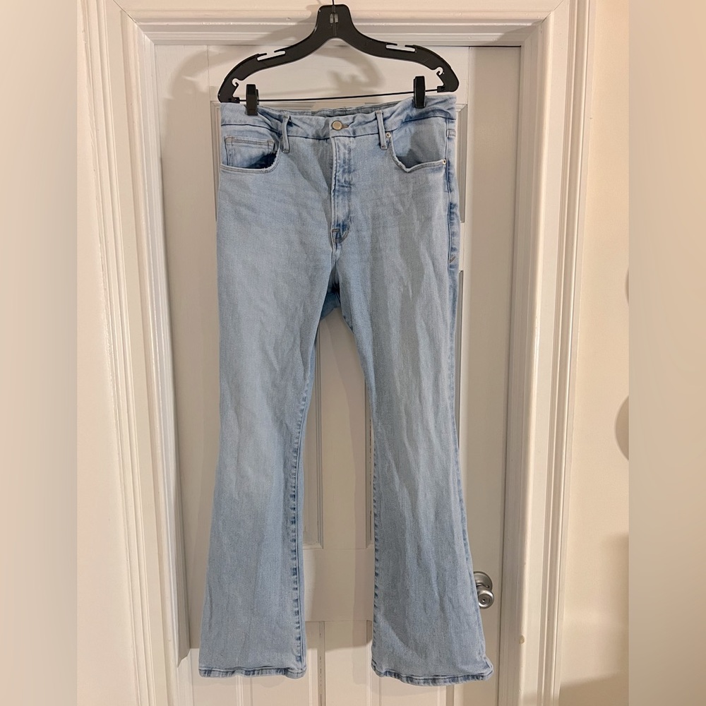 Good American light blue wash stretch denim flare jeans, size 15